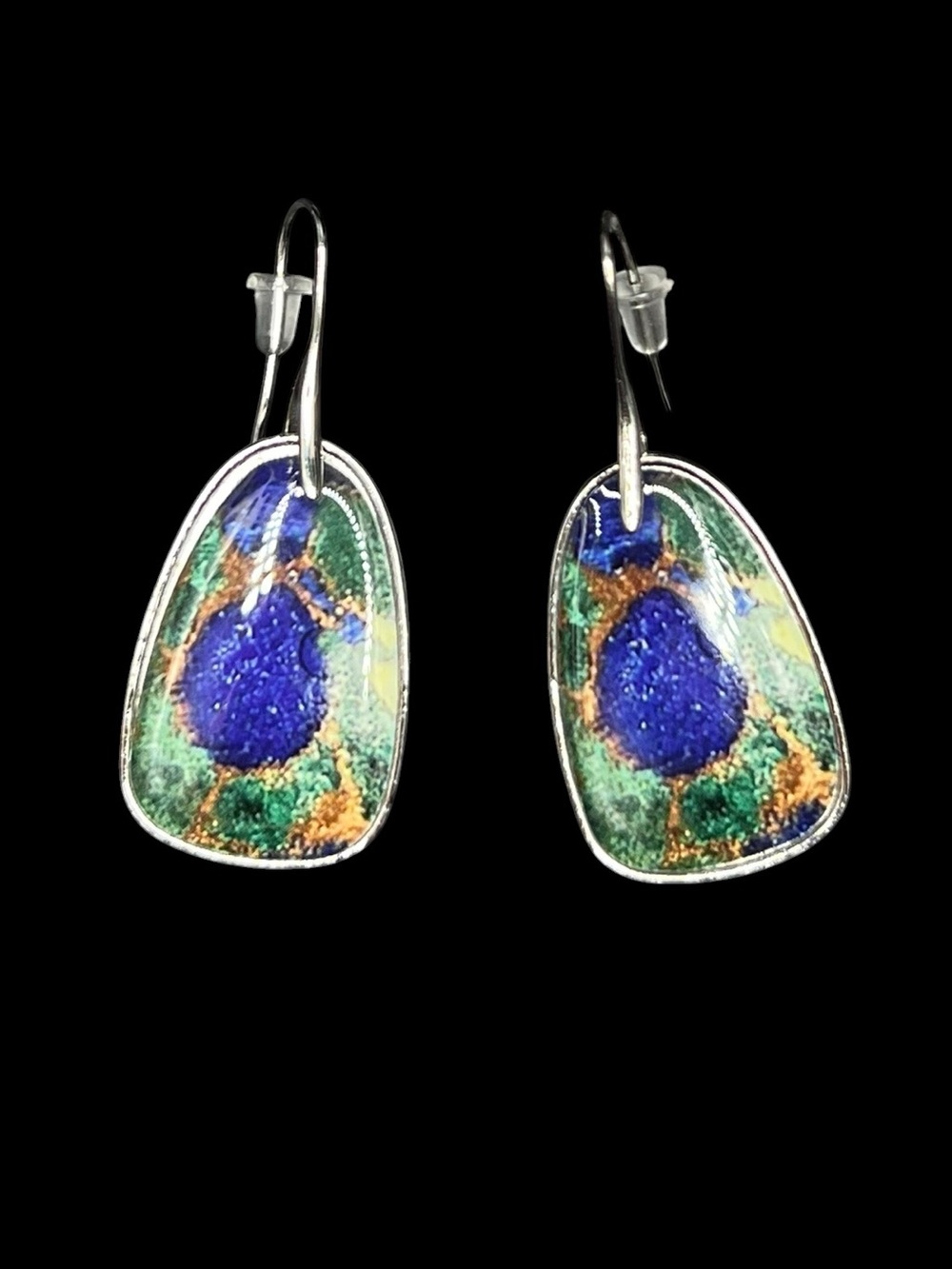 Elegant Blue & Green Enamel Drop Earrings Gold Accents